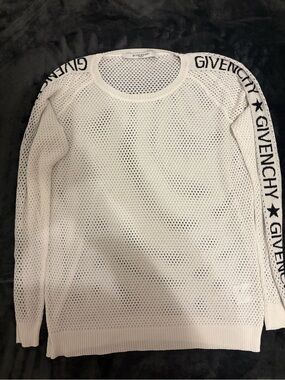 Givenchy White Open-Knit Crewneck Sweater with Black Logo Trim